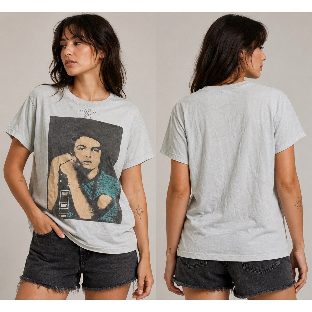 Paul McCartney Graphic T Shirt White Portrait Band Tee Women's Small